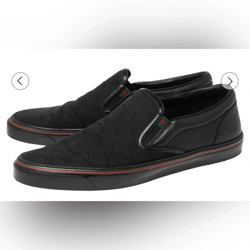 Gucci Dublin Slip On Sneaker in Black GG Canvas with G/R/G detail. Size 10.5 - Picture 1 of 16